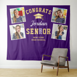 Modern Gold Purple Graduation Photo Booth Backdrop Tapestry