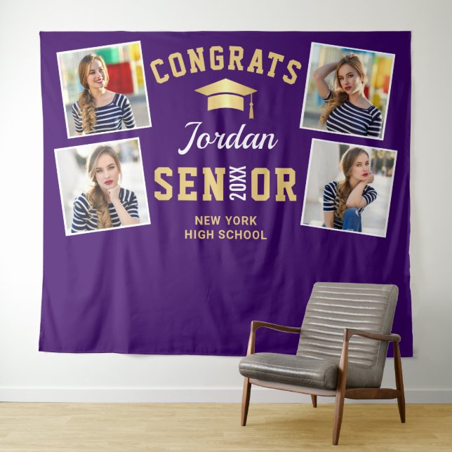 Modern Gold Purple Graduation Photo Booth Backdrop Tapestry (In Situ (Horizontal))