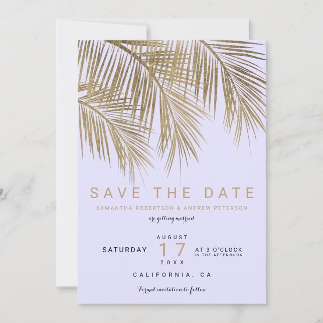Modern gold purple palm tree elegant save the date (Front)