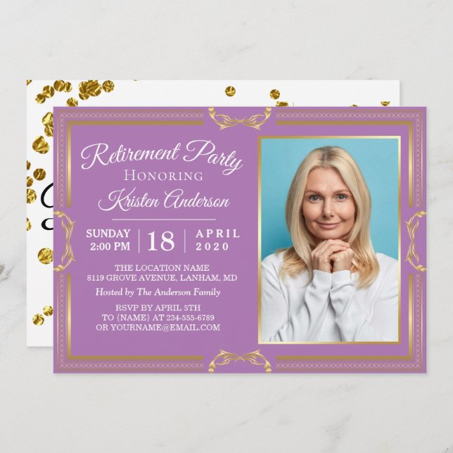 Modern Gold Purple Photo Retirement Party Invitation (Front/Back)