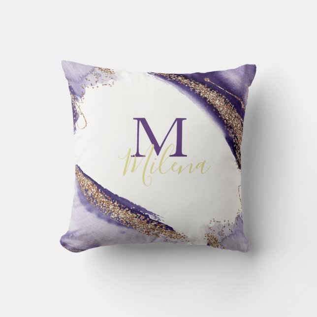 Modern Gold Purple Sparkling Monogram Watercolor Cushion (Front)
