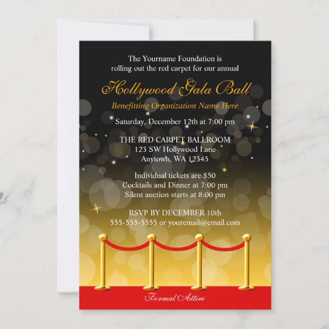 Modern Gold Red Carpet Hollywood Fundraiser Invitation (Front)
