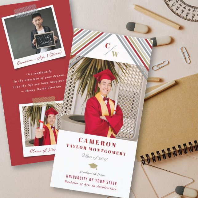 Modern Gold Red Diagonal Stripes Photo Graduation Announcement (Creator Uploaded)