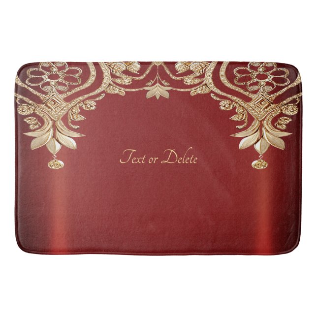 Modern Gold Red Floral Bath Mat (Front)