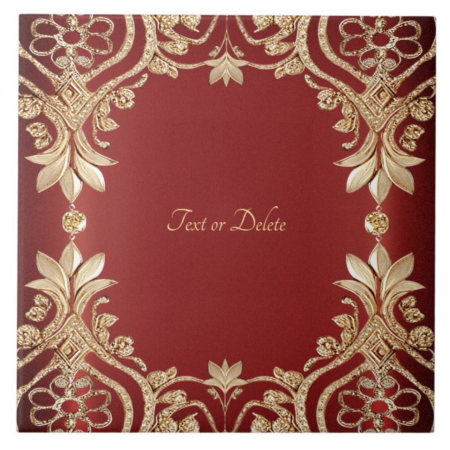 Modern Gold Red Floral Ceramic Tile (Front)