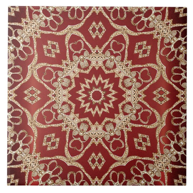 Modern Gold Red Floral Ceramic Tile (Front)