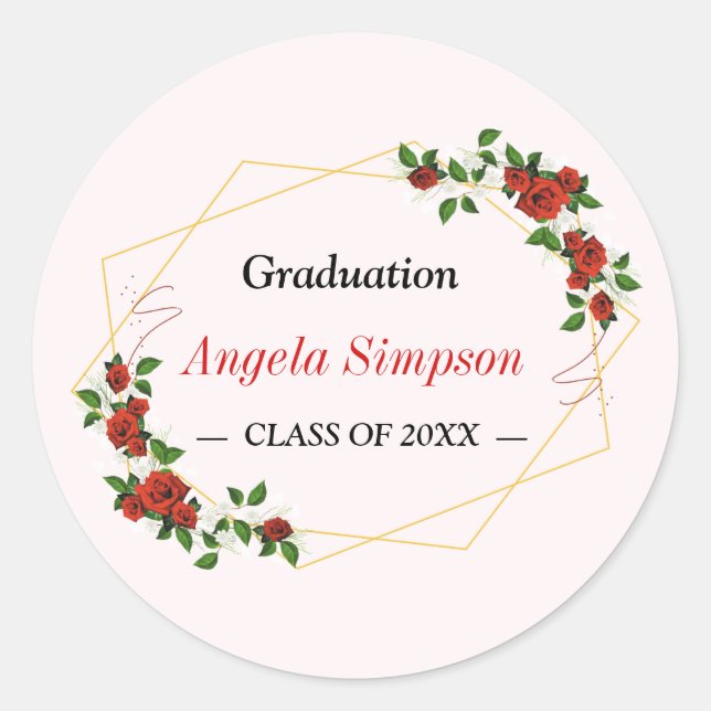 Modern Gold Red Floral Graduation Graduate Class Classic Round Sticker (Front)