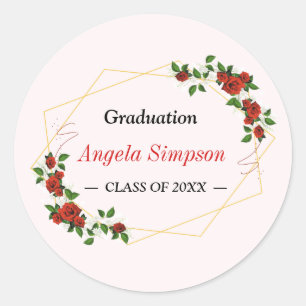 Modern Gold Red Floral Graduation Graduate Class Classic Round Sticker
