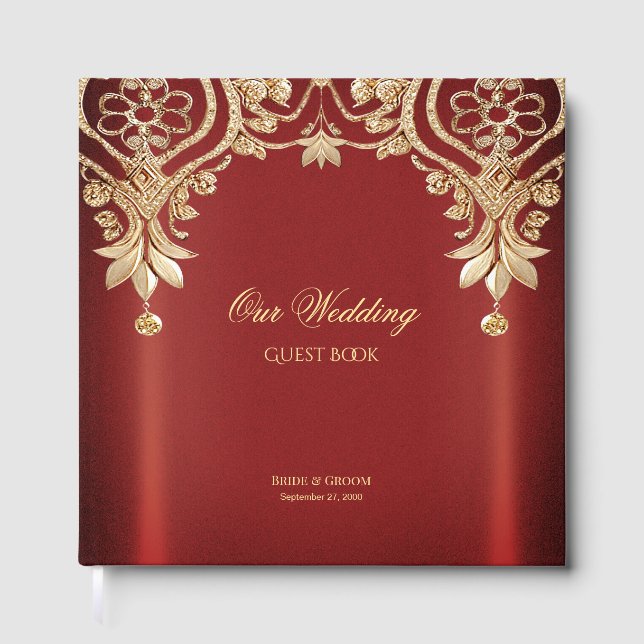 Modern Gold Red Floral Guest Book (Front)