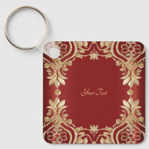 Modern Gold Red Floral Keychain