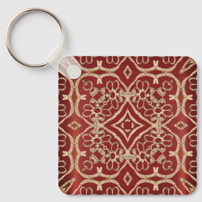Modern Gold Red Floral Keychain (Front)