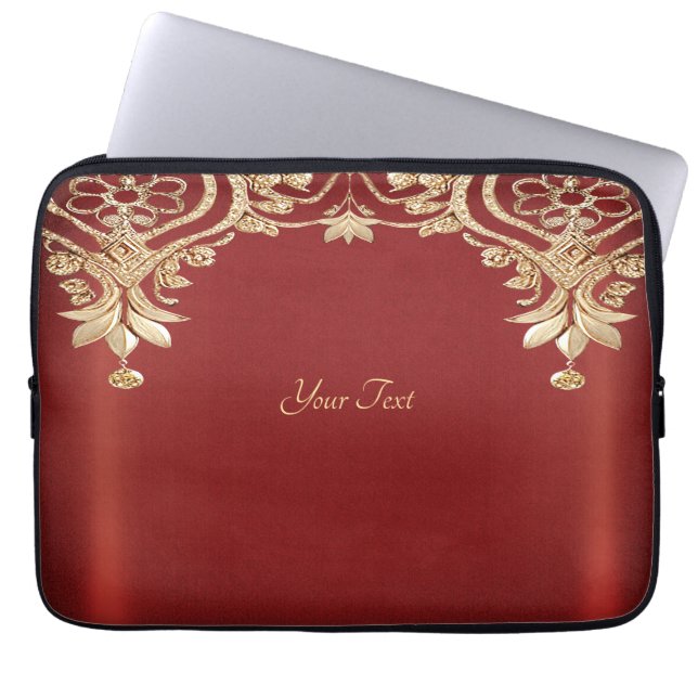 Modern Gold Red Floral Laptop Sleeve (Front)