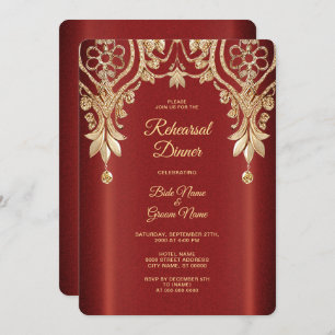 Modern Gold Red Floral Rehearsal Dinner Invitation