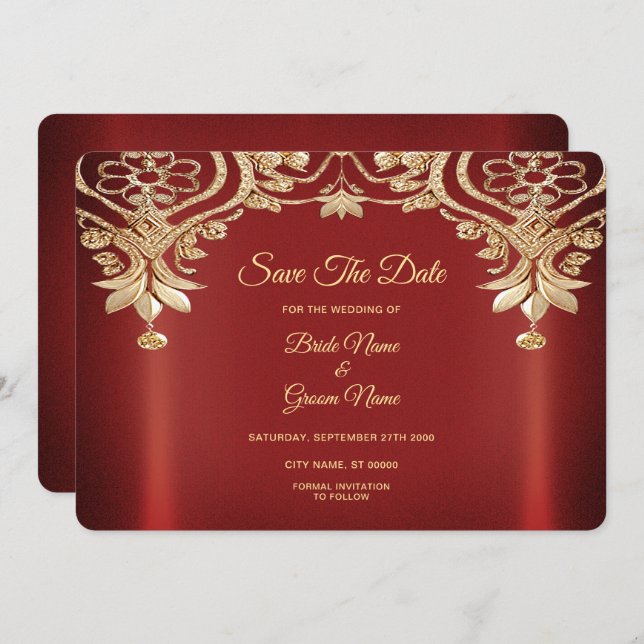 Modern Gold Red Floral Save The Date (Front/Back)