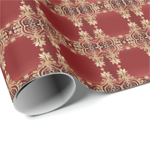 Modern Gold Red Floral Wrapping Paper