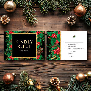 Modern Gold Red Holly Berries Christmas Wedding RSVP Card