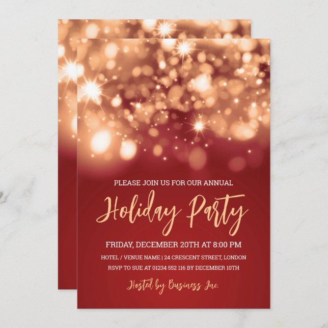 Modern Gold Red Lights Corporate Holiday Party Invitation (Front/Back)