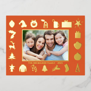 Modern Gold Red Photo Christmas Foil Holiday Postcard
