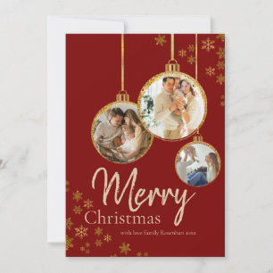 Modern Gold Red Snowflakes Photo Merry Christmas Holiday Card