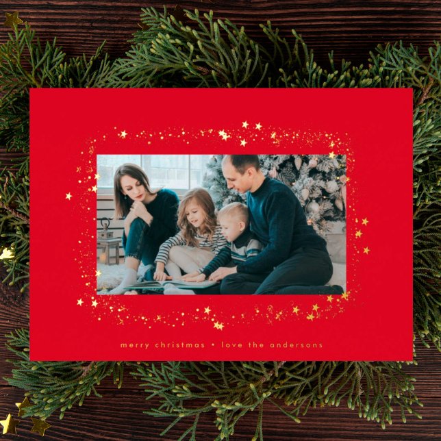 modern gold red stars christmas photo frame foil holiday card (Creator Uploaded)