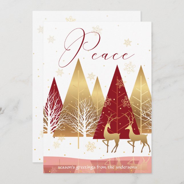 Modern Gold Red Trees Deer Peace Holiday Greeting Invitation (Front/Back)