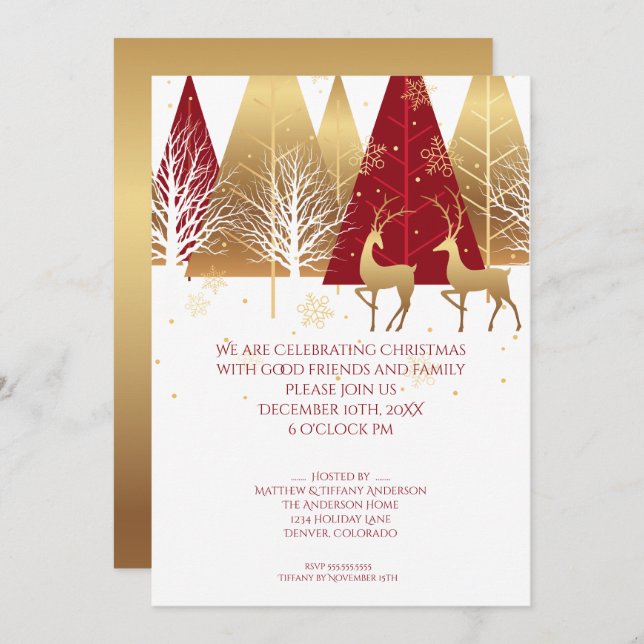 Modern Gold Red Woodland Deer Invitation (Front/Back)