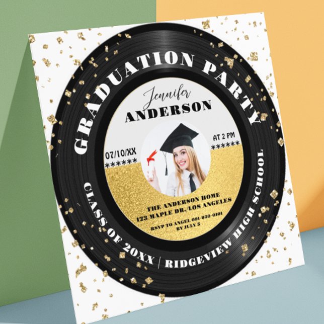 Modern Gold Retro Vinyl Record Photo Graduation Invitation (Creator Uploaded)