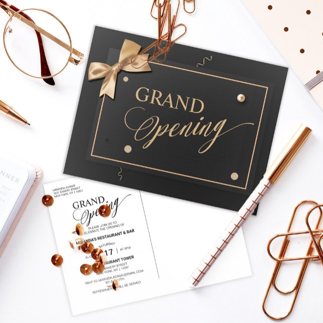 Modern Gold Ribbon Black Grand Opening Invitation Postcard (Creator Uploaded)