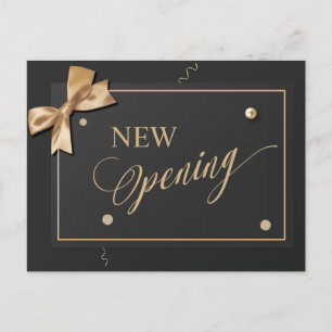 Modern Gold Ribbon Black NEW Opening Invitation Postcard