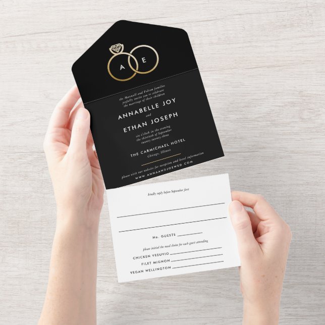 Modern Gold Rings Black and White Wedding All In One Invitation (Tearaway)