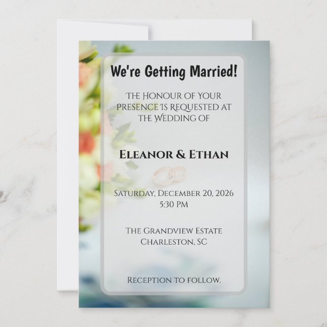Modern Gold Rings & Floral Border Engagement Invitation (Front)