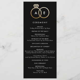 Modern Gold Rings on Black Custom Wedding Program
