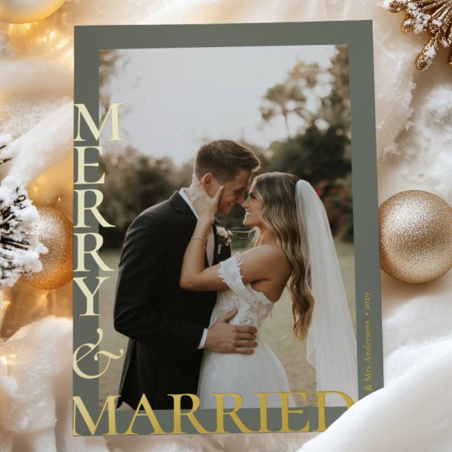 Modern Gold Sage Green Merry Married Photos Script Foil Holiday Card (Creator Uploaded)