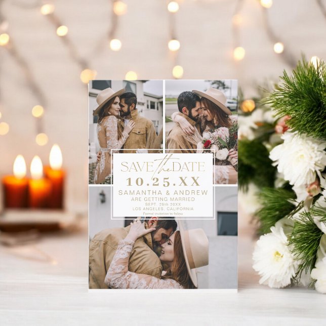 Modern gold save the date 3 photos grid collage (Modern gold save the date 3 photos grid collage)