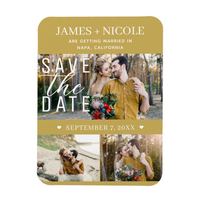 Modern Gold Save the Date Wedding 3 Photos Magnet (Vertical)