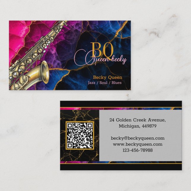 Modern Gold Saxophone Jazz & QR Code, Monogram Business Card (Front/Back)