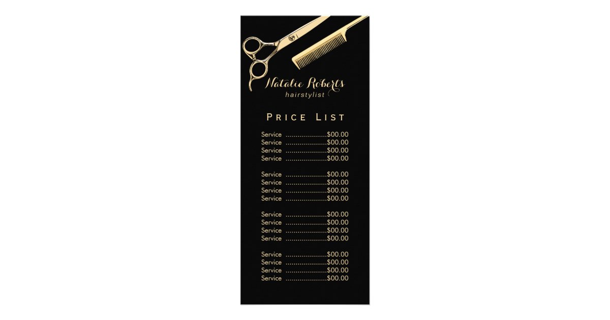 Modern Gold Scissor & Comb Hair Salon Price List Rack Card | Zazzle