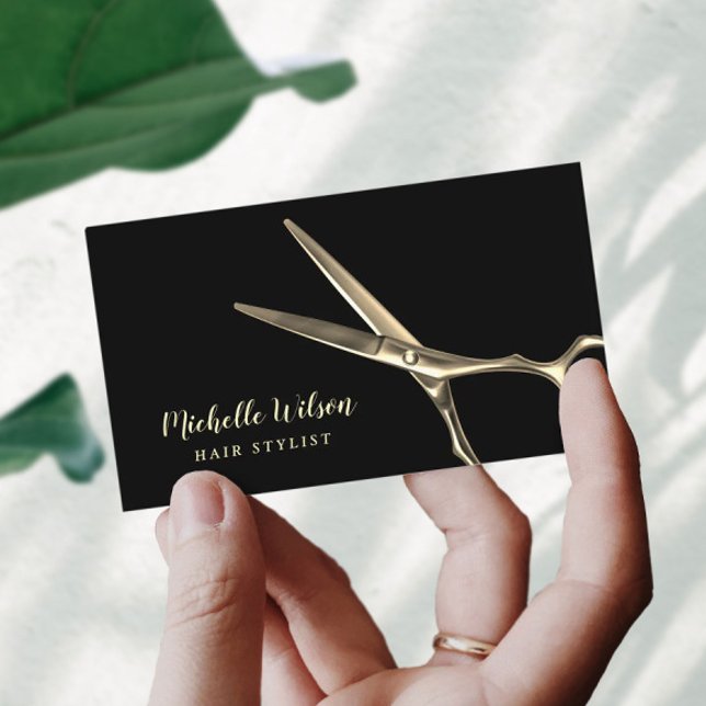 Modern Gold Scissor Hair Stylist Beauty Salon Business Card (Creator Uploaded)