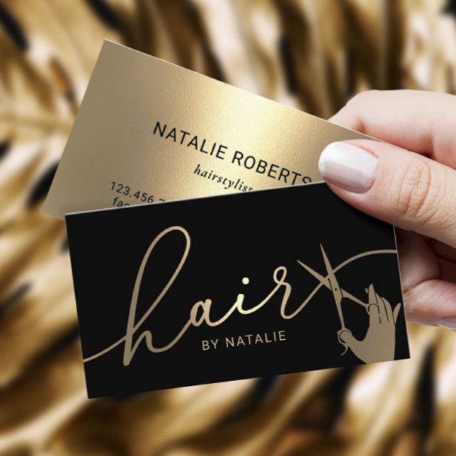 Modern Gold Scissor Hand Hairstylist Hair Salon Business Card (Creator Uploaded)