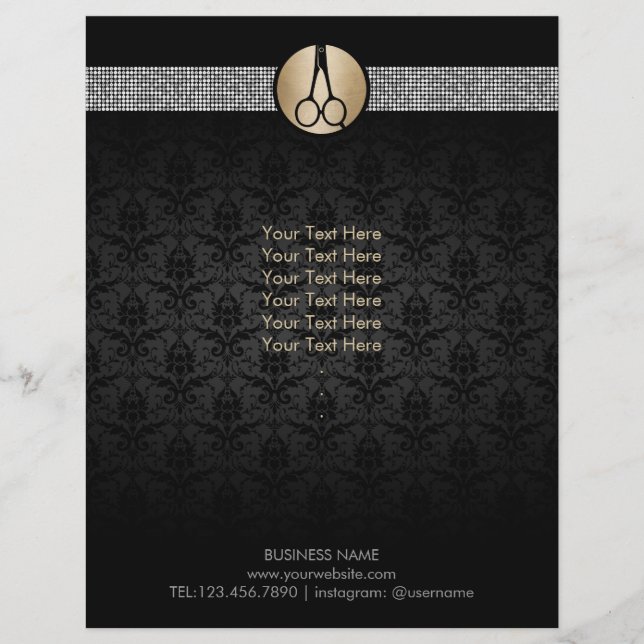 Modern Gold Scissor Logo Damask Hair Stylist Flyer (Front)