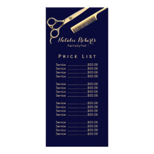 Modern Gold Scissor Navy Hair Salon Price List Rack Card
