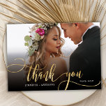 Modern Gold Script 2 Photo Wedding Thank You Card<br><div class="desc">Modern Elegant Chic Boho Gold Calligraphy Script Wedding 2 Photo Thank You Card. Stylish wedding thank you template featuring a full vertical photo on the front with the text "Thank You" in a whimsical swirly hand lettering typography script swash tail font FAUX gold foil overlay on the picture and a...</div>