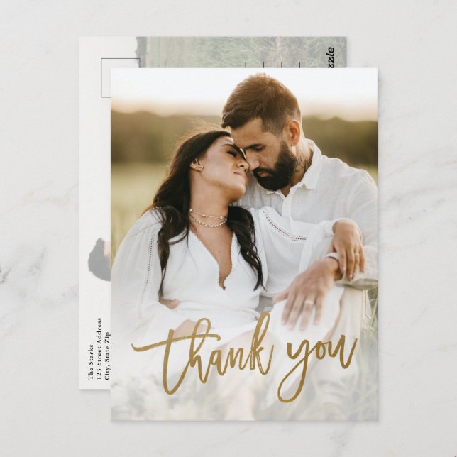 Modern Gold Script 2 Photo Wedding Thank You Postcard (Front/Back)