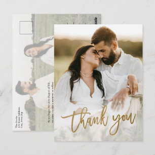 Modern Gold Script 2 Photo Wedding Thank You Postcard