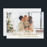 Modern Gold Script 2 Photo White Merry Christmas Holiday Card<br><div class="desc">Elegant Modern Minimalist Gold Script 2 Photo Merry Christmas Script Holiday Card. This festive, minimalist simple, whimsical two (2) photo holiday greeting card template features „Merry Christmas” greeting text in a hand lettered whimsical swirly swash-tail font calligraphy script in gold colour on photo overlay. On the reverse side with your...</div>