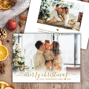 Modern Gold Script 2 Photo White Merry Christmas Holiday Card