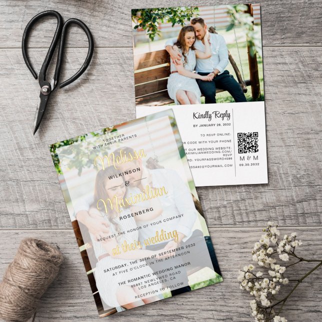 Modern gold script 2 photos QR Code online RSVP (Creator Uploaded)