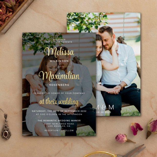 Modern gold script 2 photos wedding black overlay  (Creator Uploaded)
