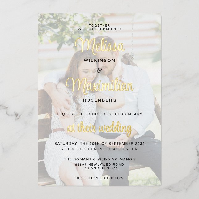 Modern gold script 2 photos wedding foil invitatio (Front)
