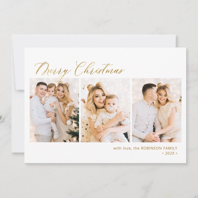 Modern Gold Script 3 Multi Photo Christmas Holiday Card (Front)